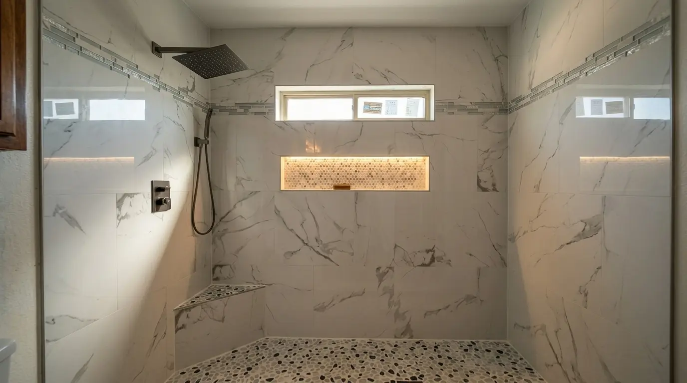 Custom bathroom build with tiled shower and modern vanity